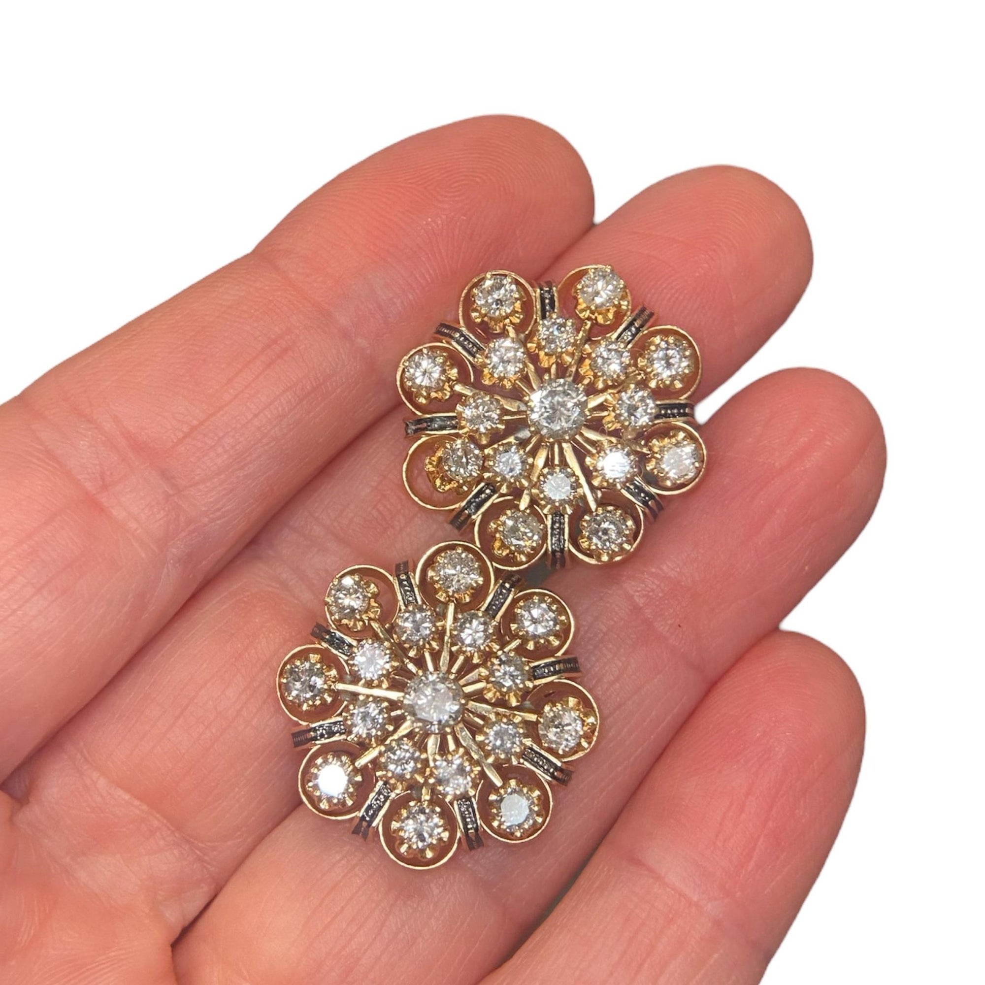 Vintage 14K Diamond Cluster Earrings with Enamel Accents