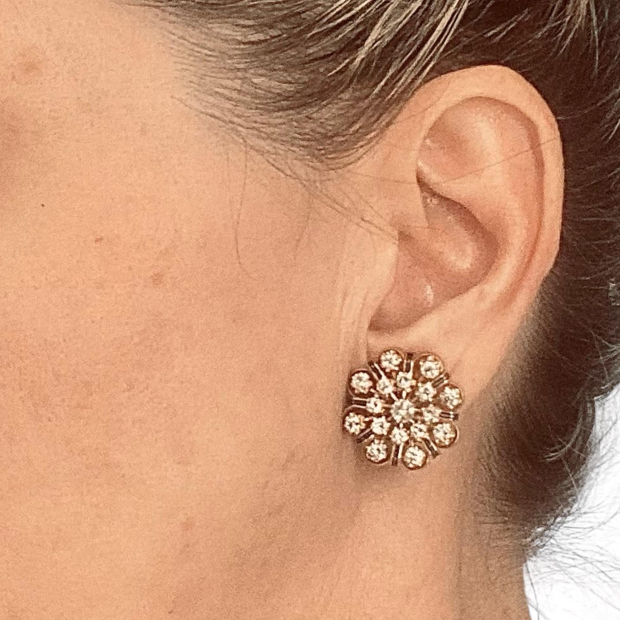 Vintage 14K Diamond Cluster Earrings with Enamel Accents