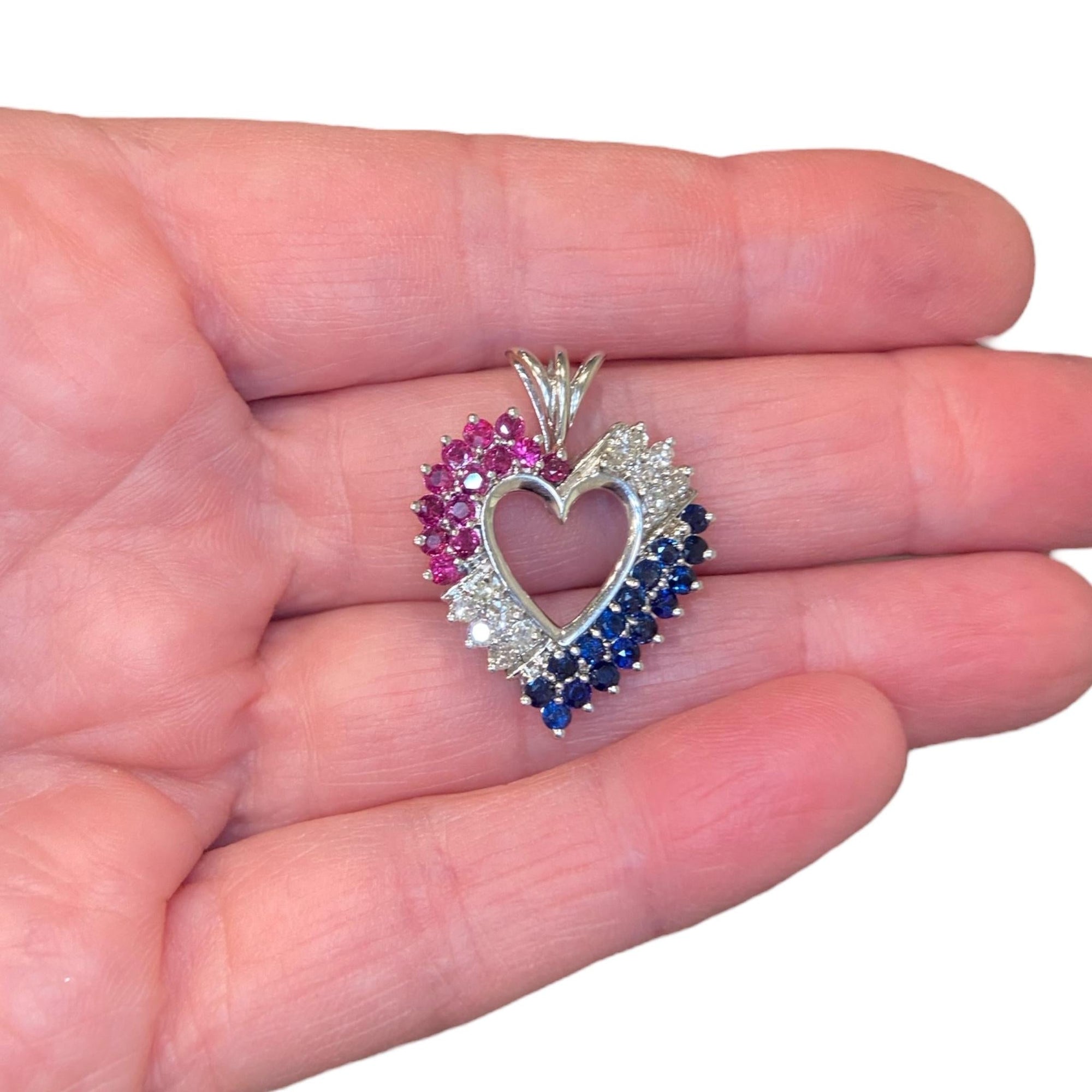 Vintage 14K White Gold Ruby Sapphire Diamond Heart Pendant