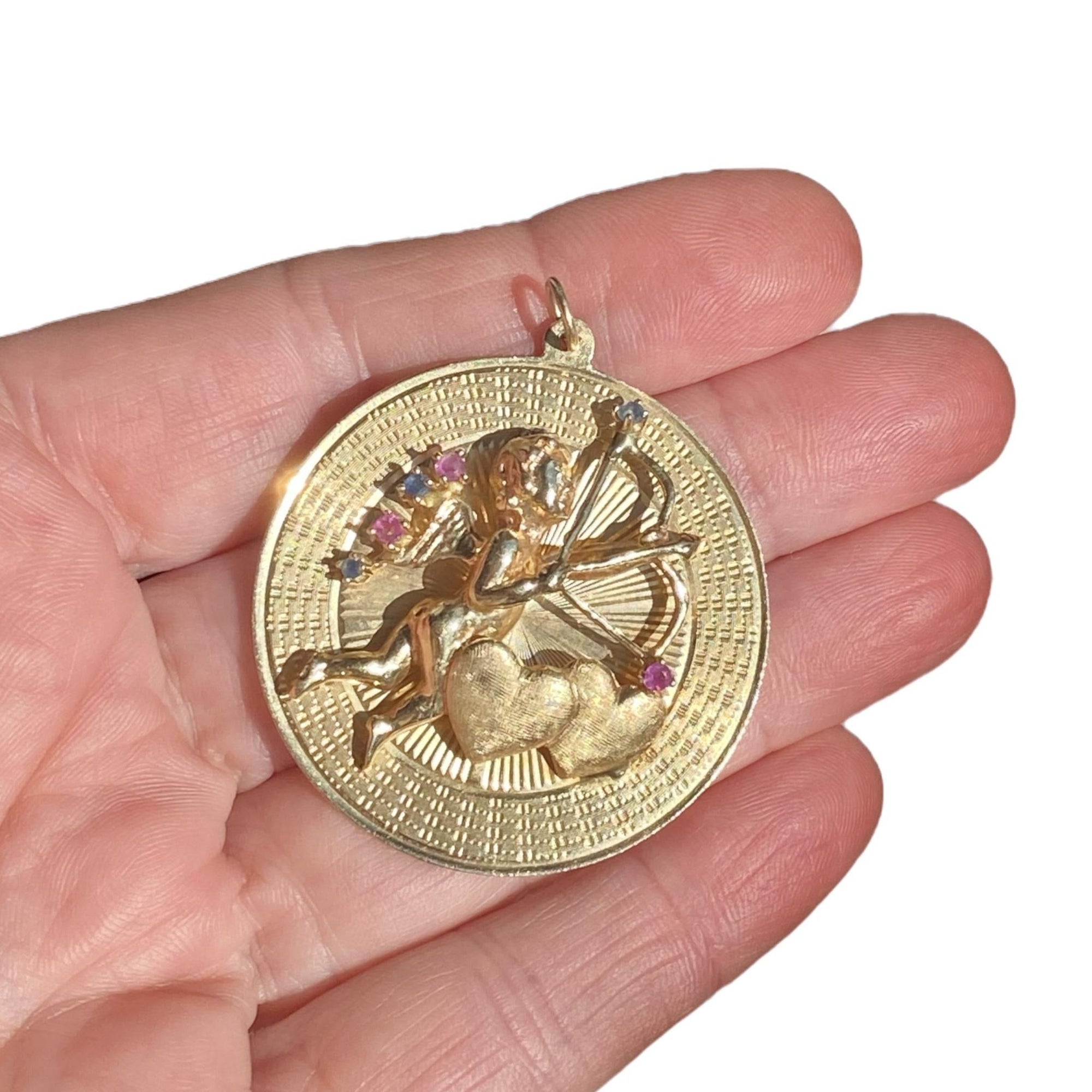 Vintage 10K Cupid and Hearts Large Disc Charm Pendant