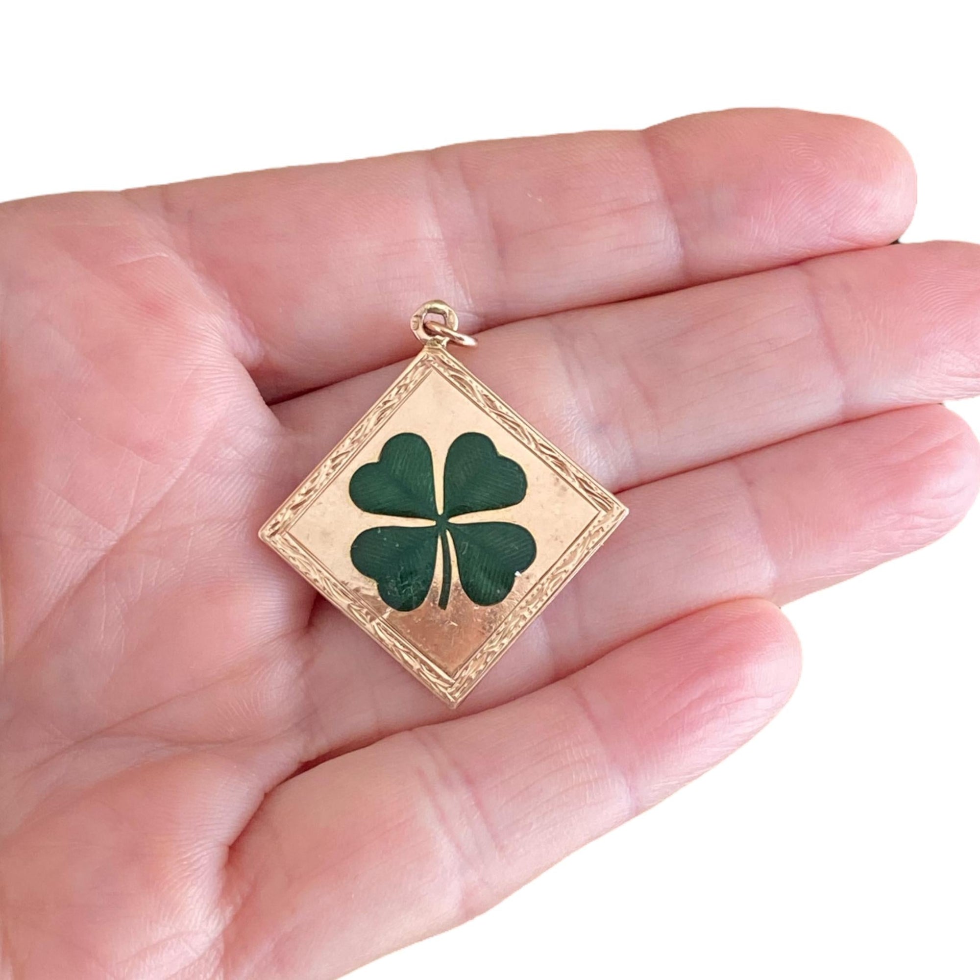 Antique 14K Rose Gold Enamel Four Leaf Clover Charm Pendant