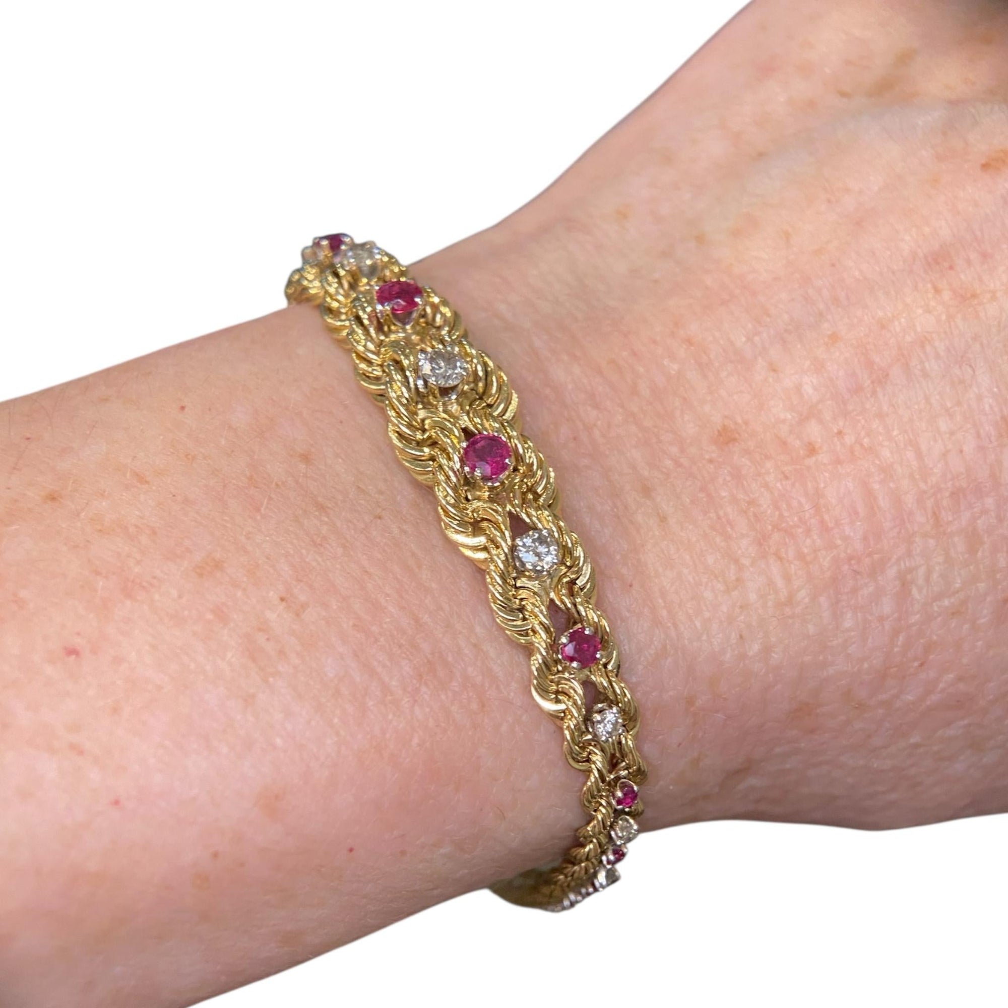 Vintage 14K Yellow Gold Ruby & Diamond Graduating Rope Bracelet