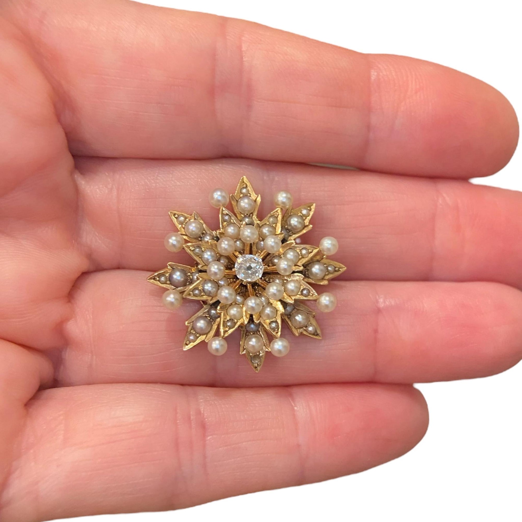 Antique 14K Gold Diamond and Pearl Starburst Brooch