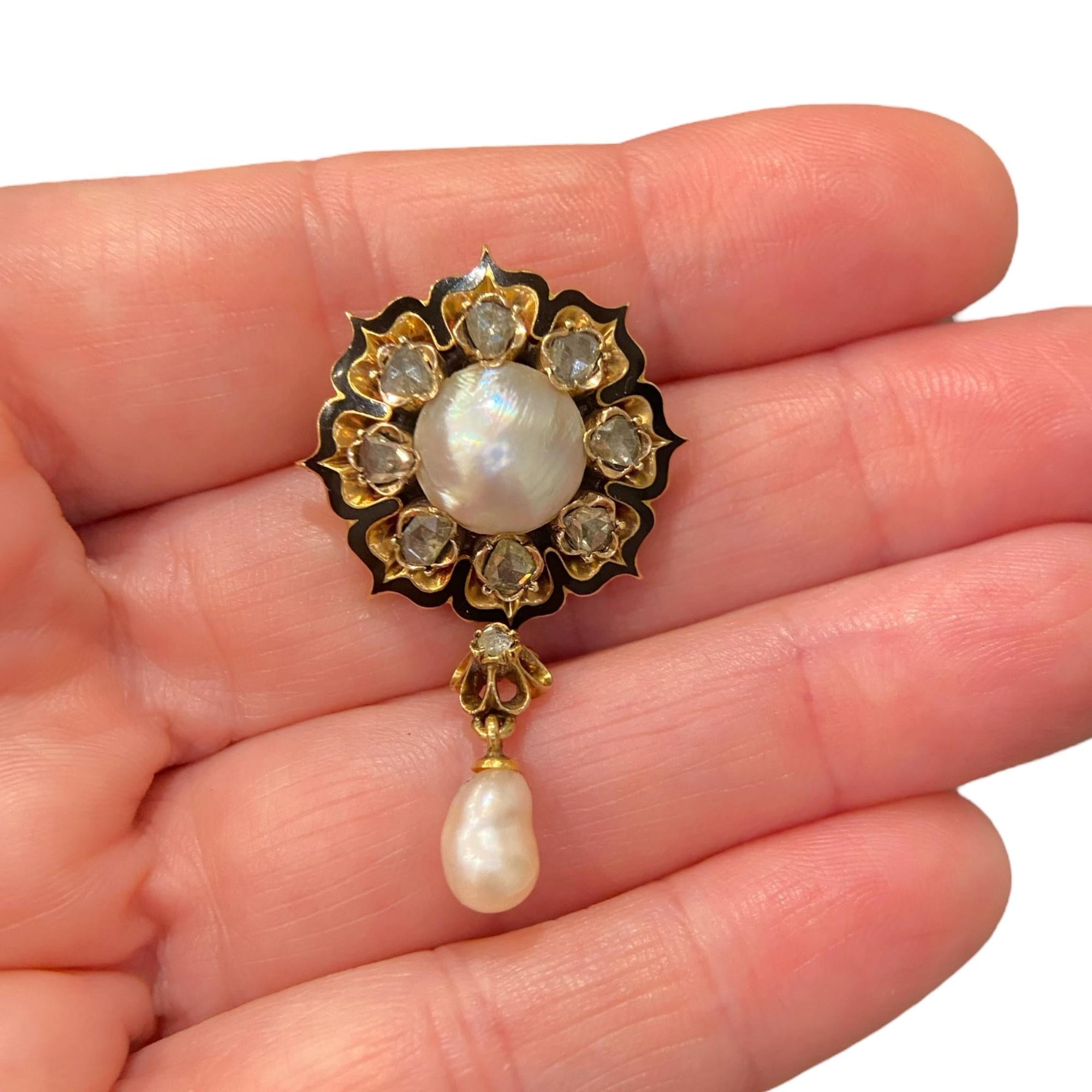 Antique 14K Pearl Diamond Enamel Brooch Pendant