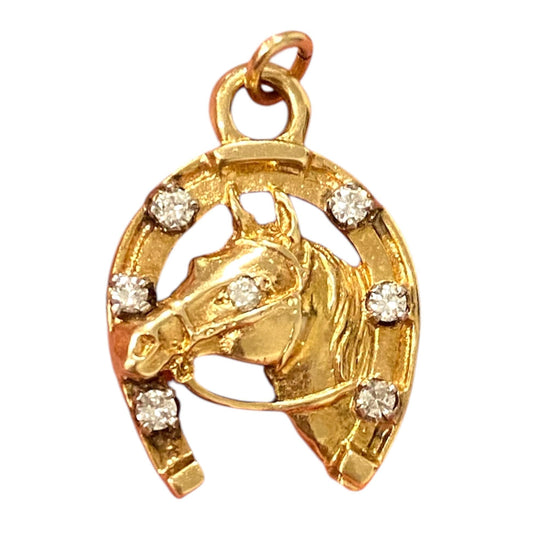 Vintage 14K Diamond Set Horseshoe with Horse Head Pendant