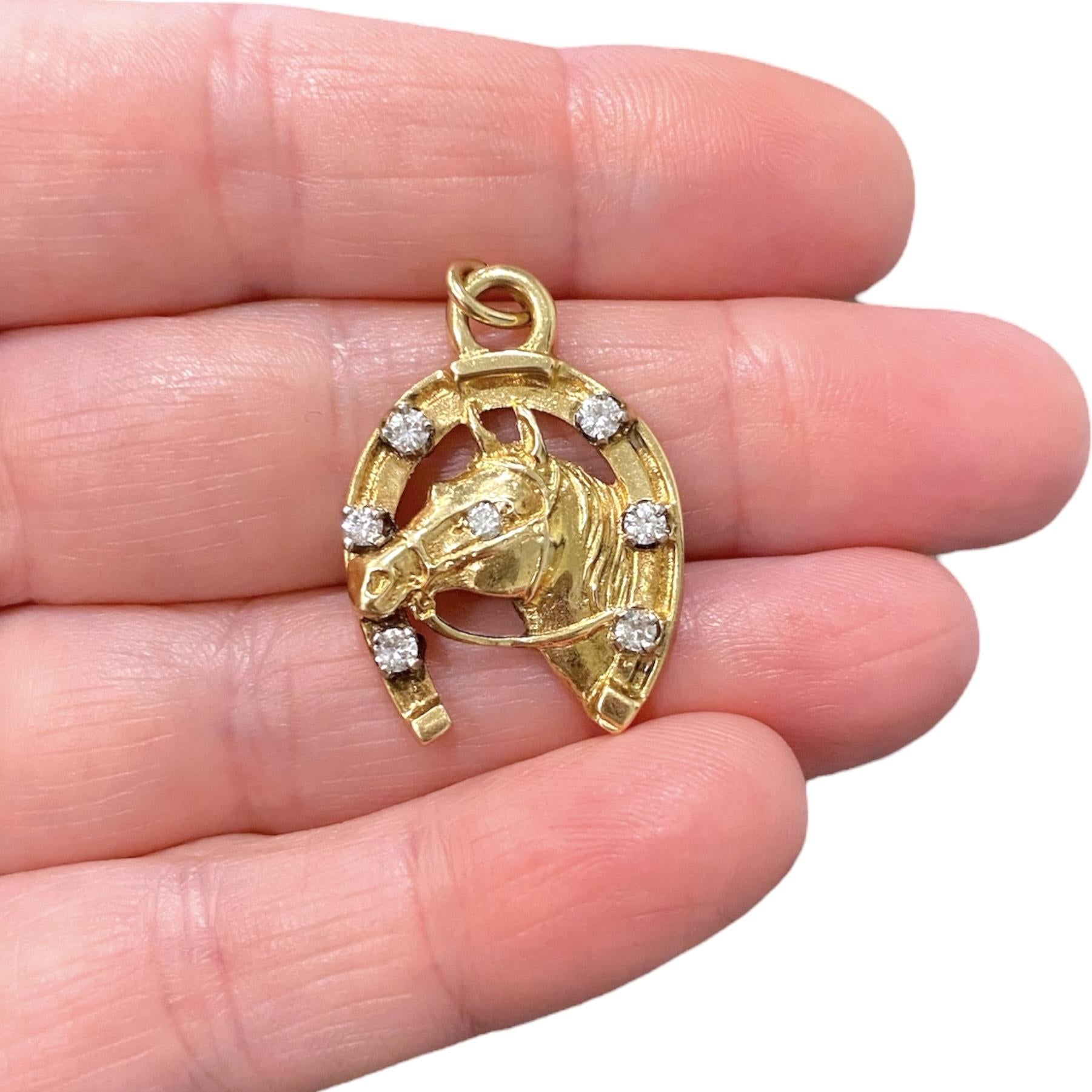 Vintage 14K Diamond Set Horseshoe with Horse Head Pendant