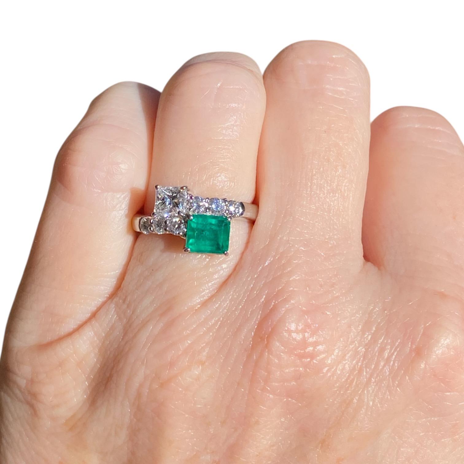 Platinum Emerald and Diamond Toi et Moi Ring