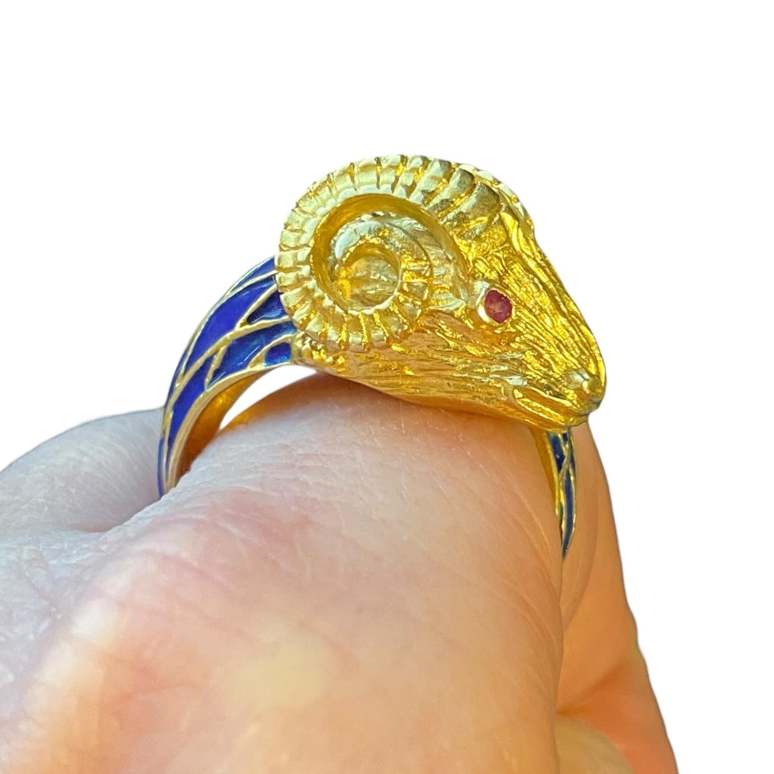 Vintage 18K Enamel and Ruby Ram Ring