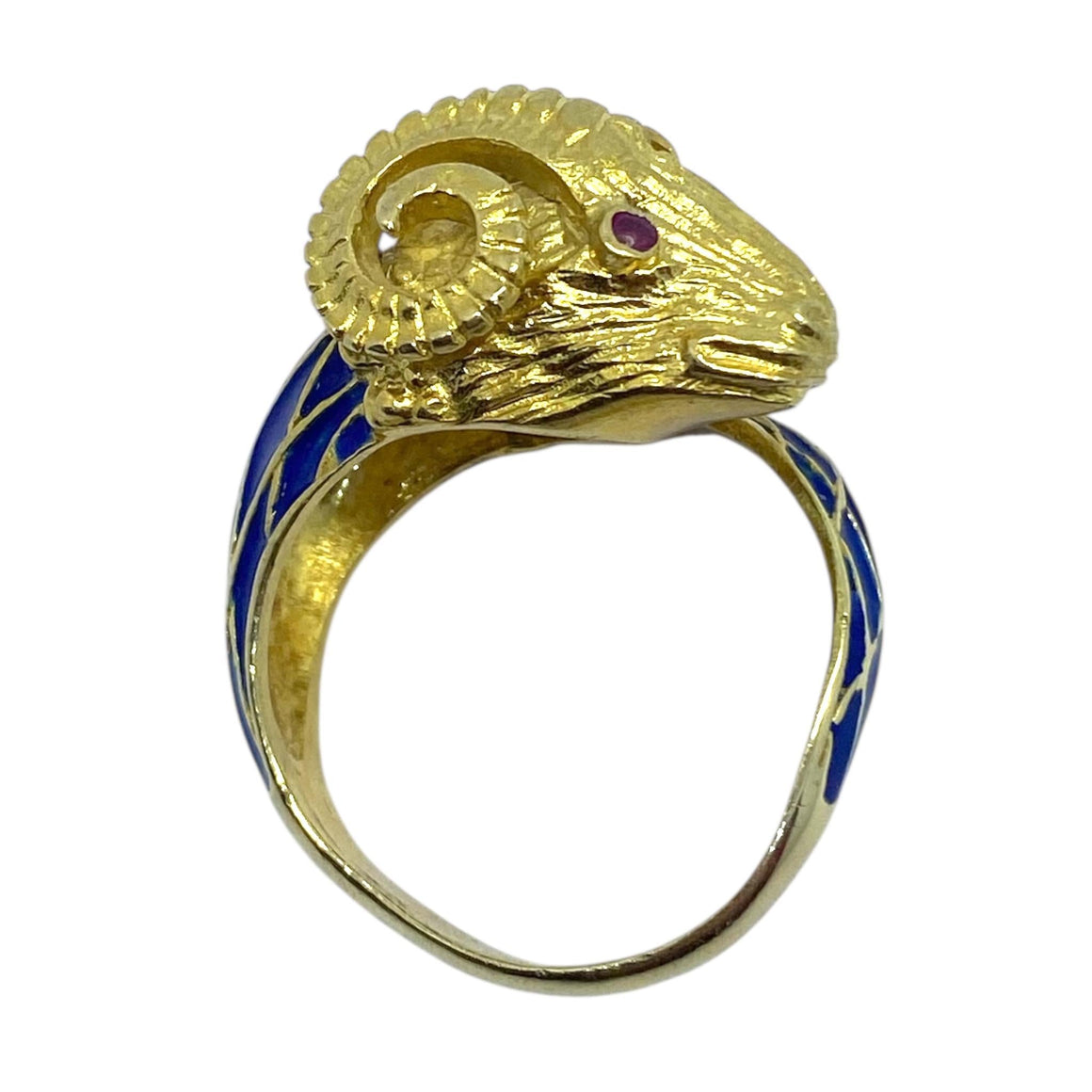 Vintage 18K Enamel and Ruby Ram Ring
