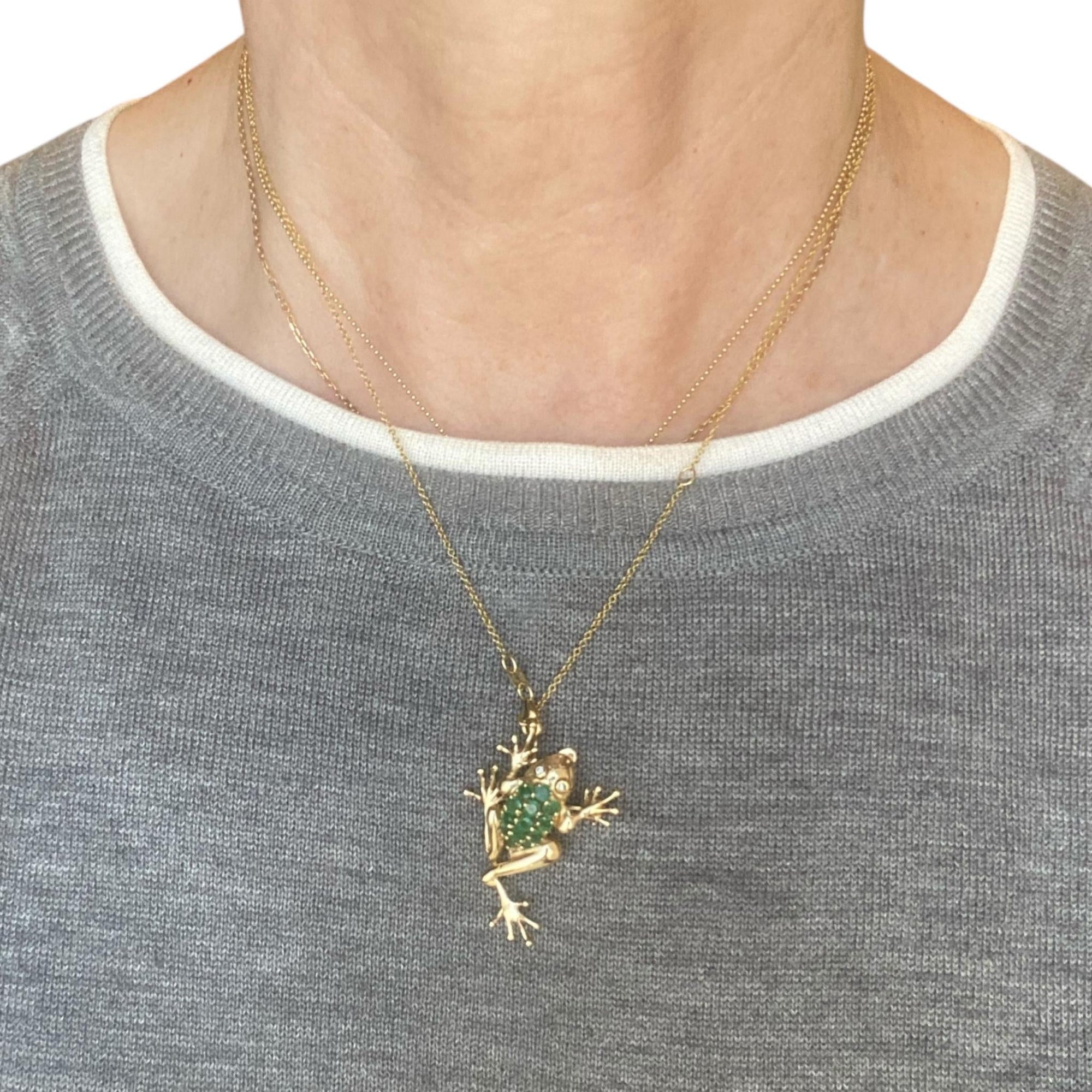 Vintage 14K Yellow Gold Emerald Frog Pendant Brooch