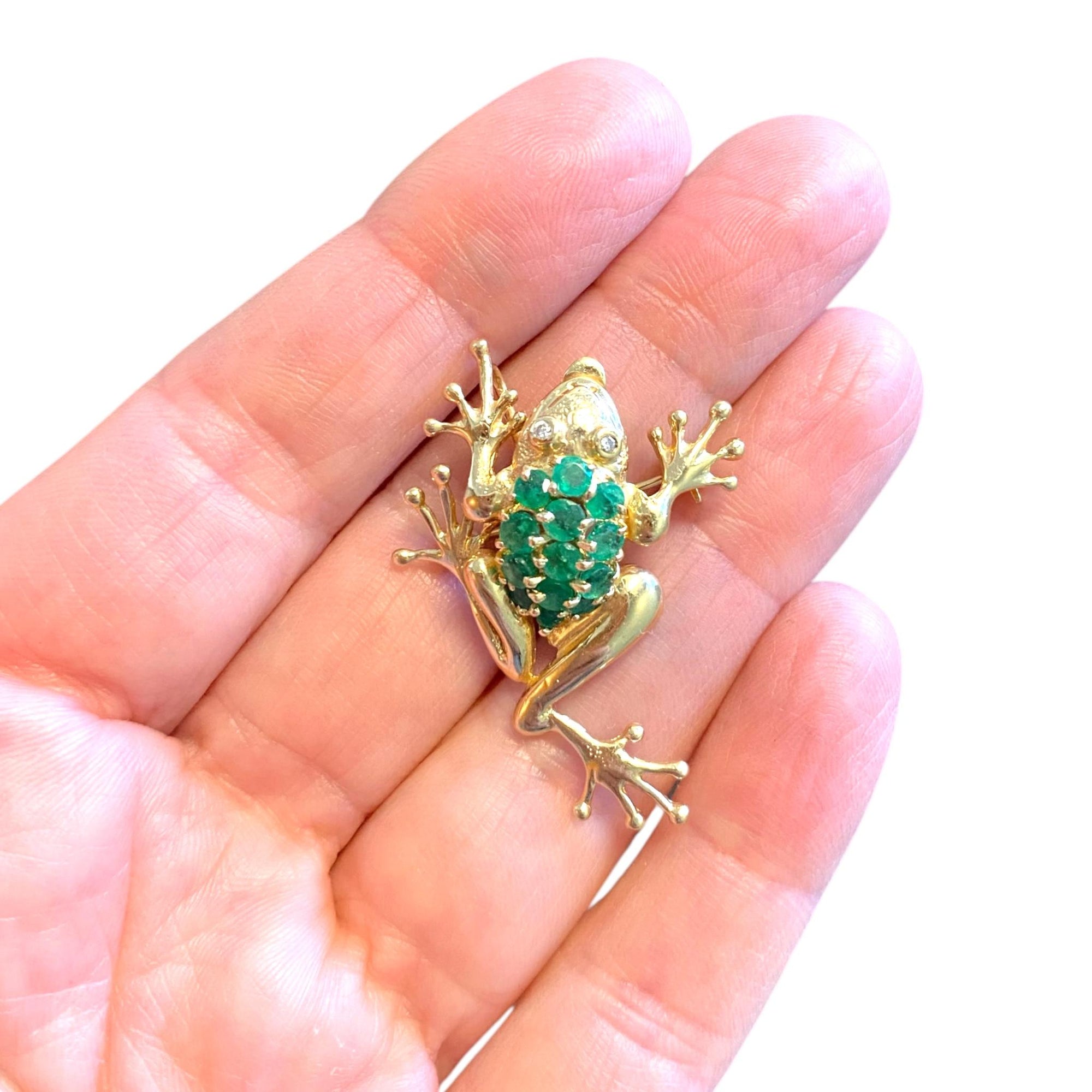 Vintage 14K Yellow Gold Emerald Frog Pendant Brooch