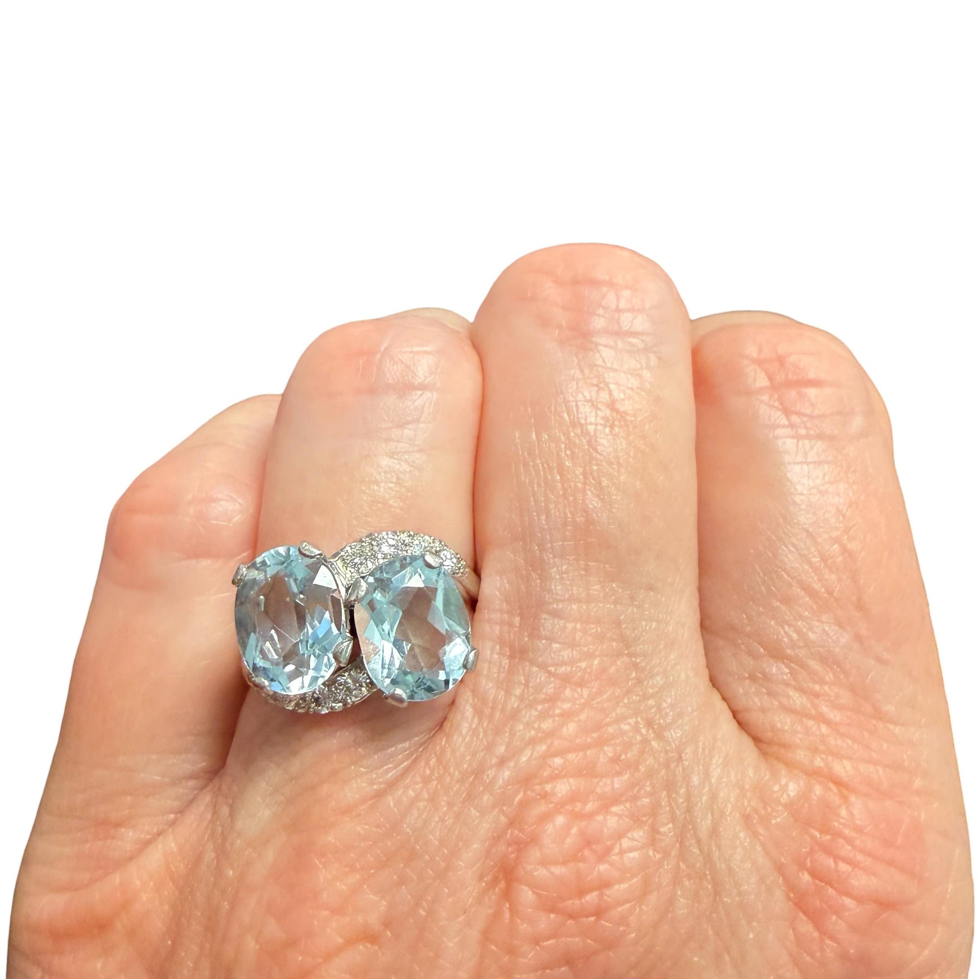 Vintage Platinum Aquamarine & Diamond Moi et Toi Ring