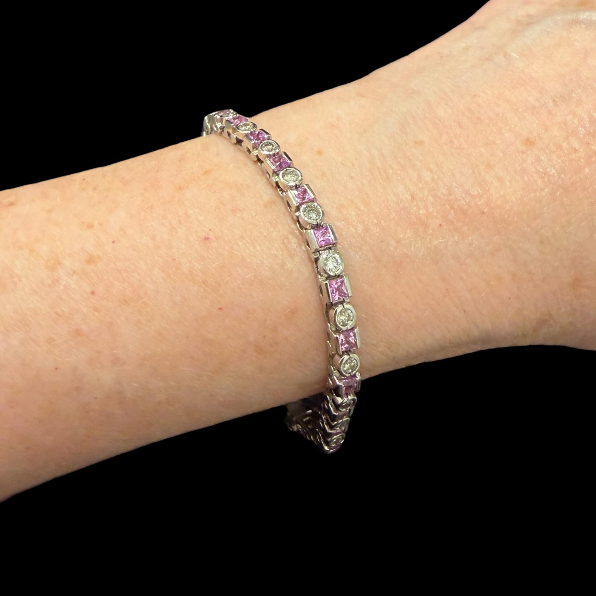 Vintage 14K White Gold Pink Sapphire and Diamond Tennis Bracelet