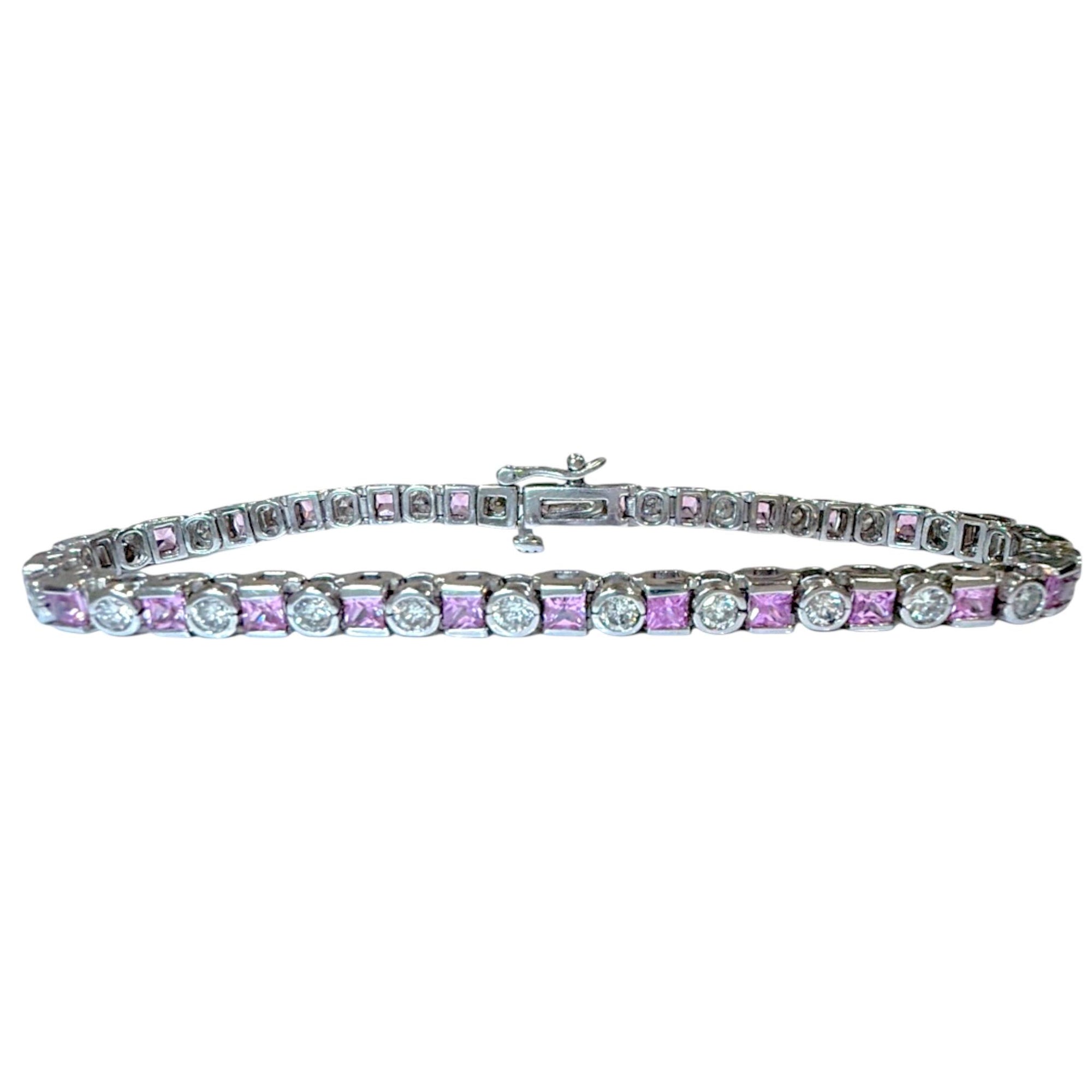 Vintage 14K White Gold Pink Sapphire and Diamond Tennis Bracelet