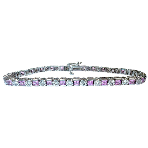 Vintage 14K White Gold Pink Sapphire and Diamond Tennis Bracelet