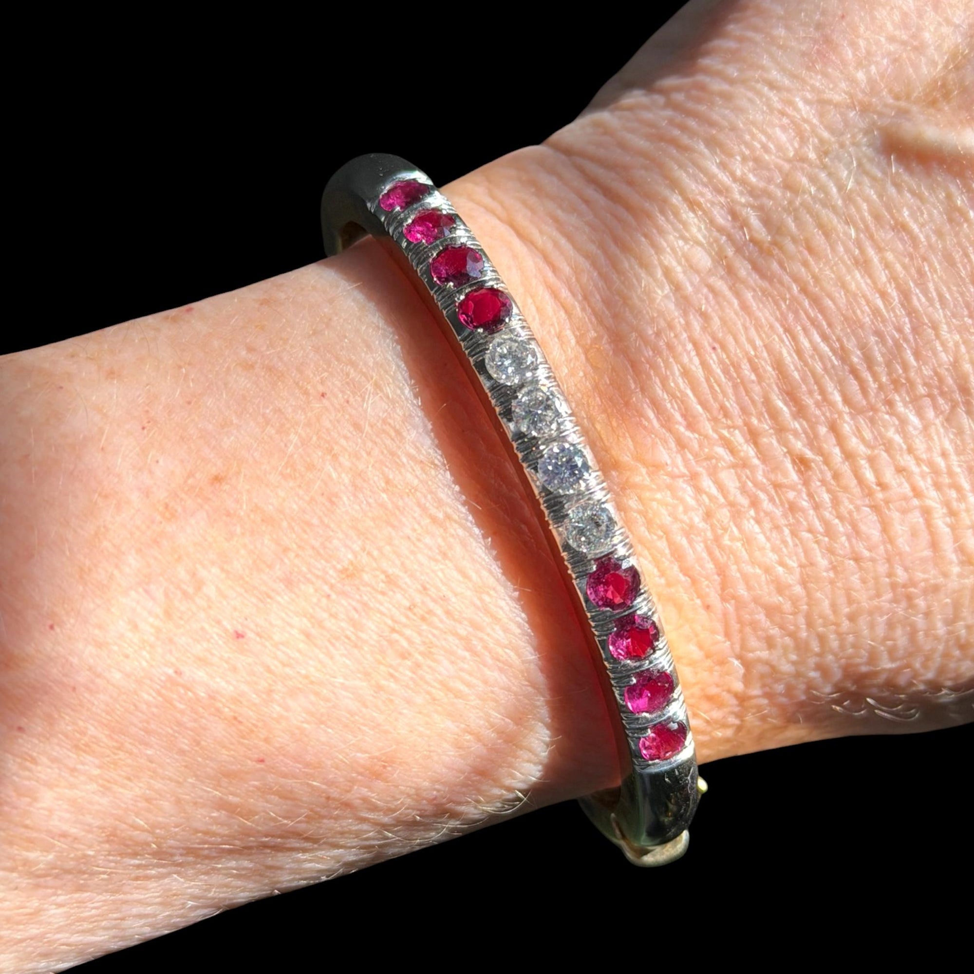 Vintage 14K Gold Ruby and Diamond Hinged Bangle Bracelet