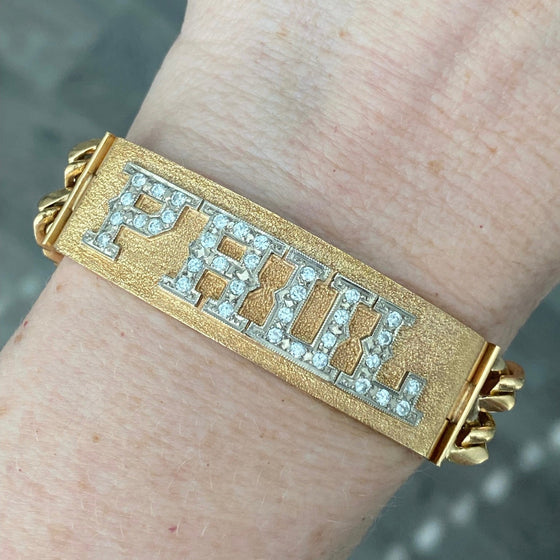 Vintage 18K Yellow Gold Large Curb Links ID Bracelet with Diamonds