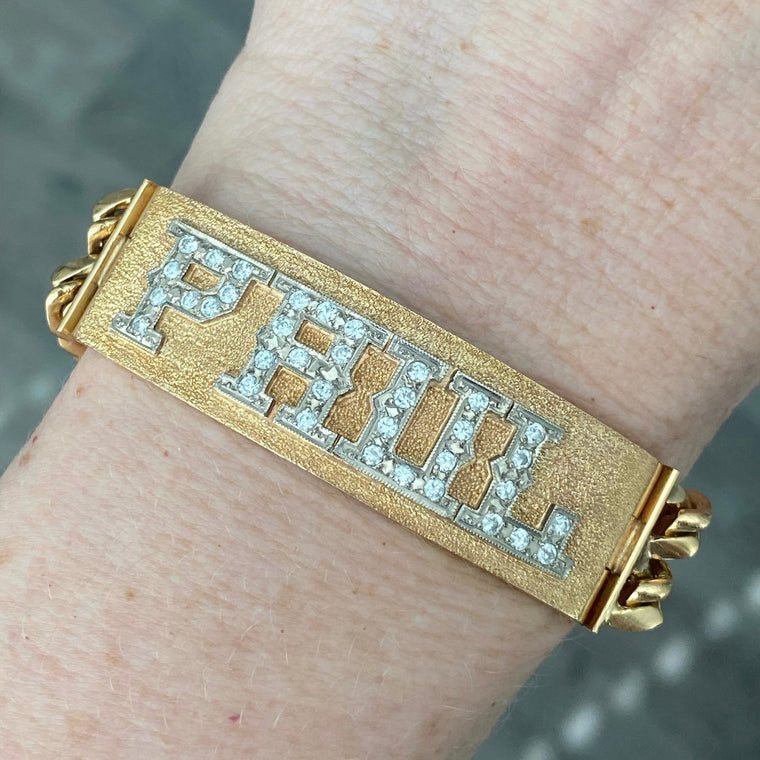 Vintage 18K Yellow Gold Large Curb Links ID Bracelet with Diamonds