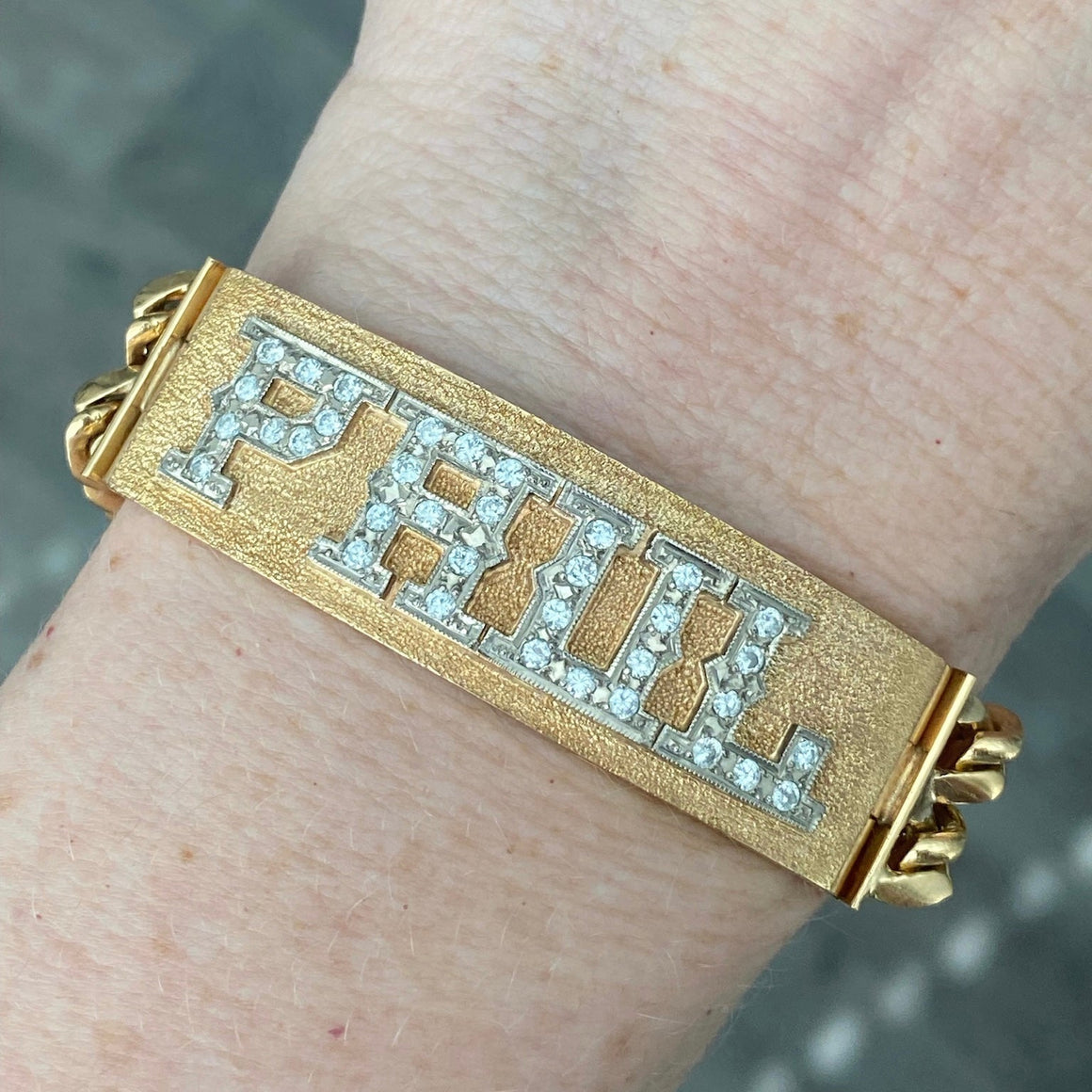 Vintage 18K Yellow Gold Large Curb Links ID Bracelet with Diamonds