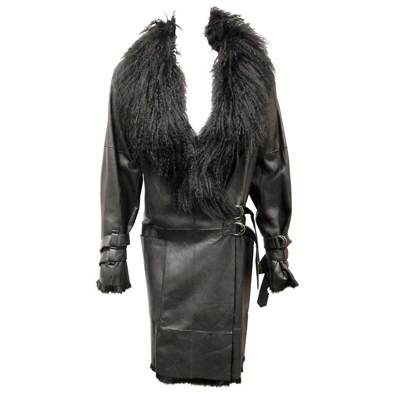Plein Sud Black Leather and Fur Coat, Size 38