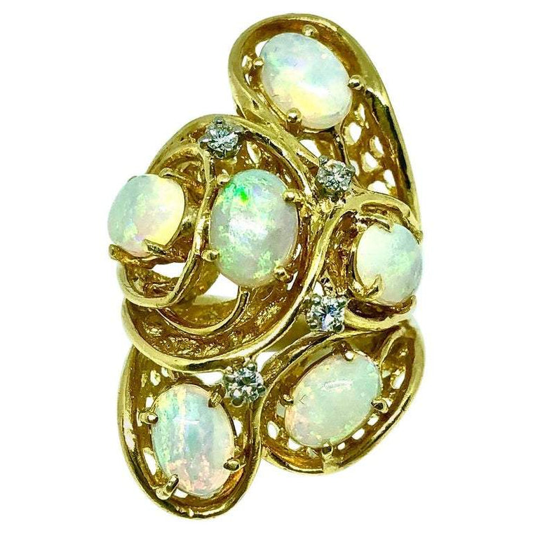Vintage Opal Diamond Cluster 18K Gold Ring