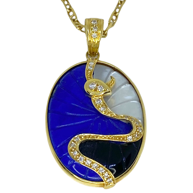 18K Gold Lapis Lazuli Black Onyx Mother of Pearl & Diamond Snake Necklace