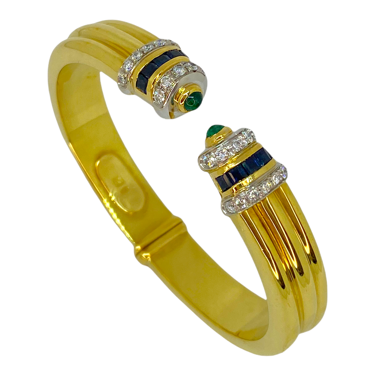 Portuguese 19K Gold Sapphire Emerald and Diamond Hinged Cuff Bracelet