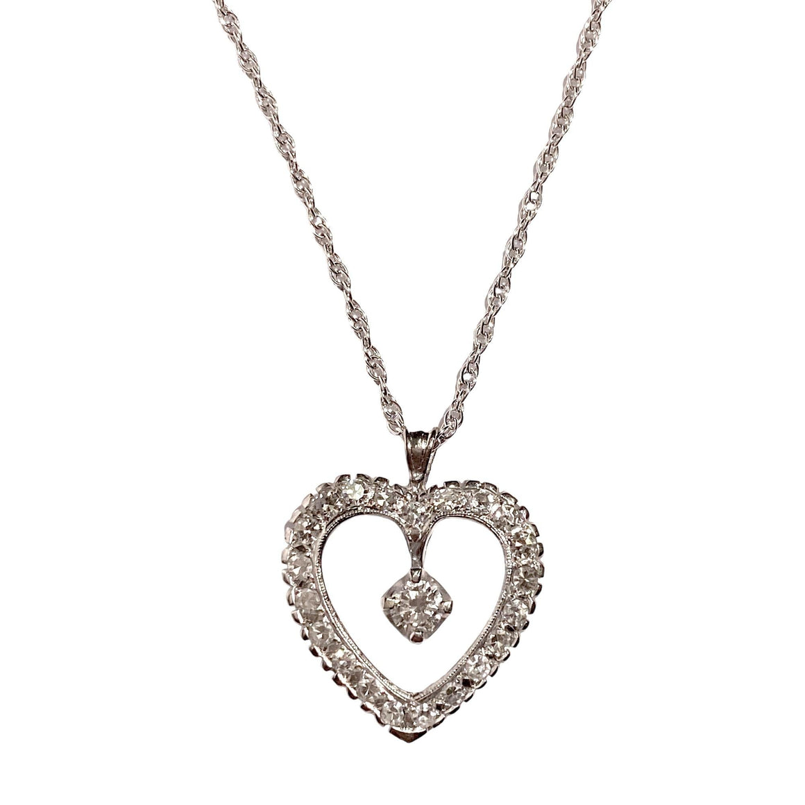 Vintage 14K White Gold Diamond Heart Pendant with Chain