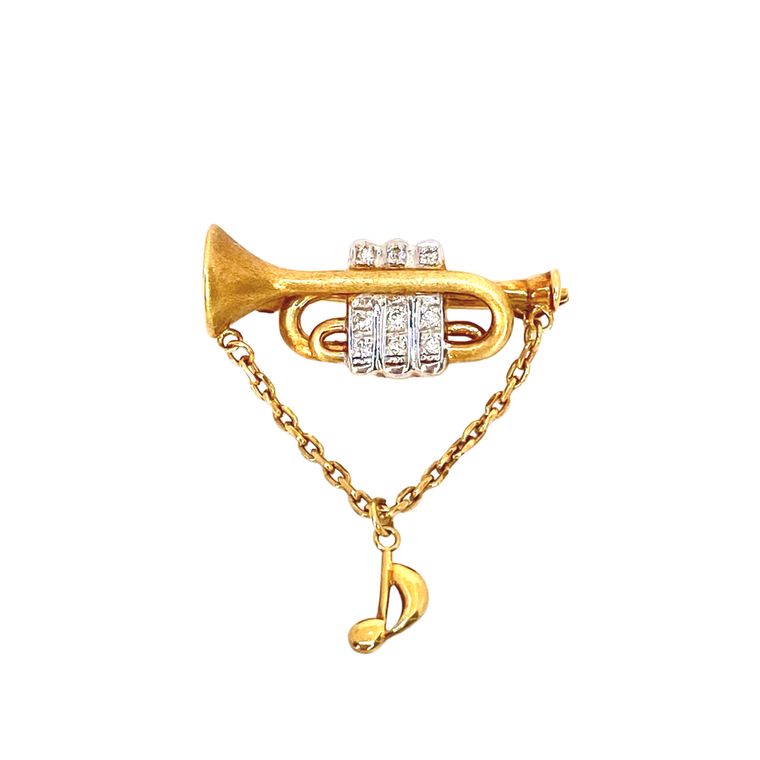 Vintage 18K Yellow Gold Diamond Set Trumpet with Violin Key Pin
