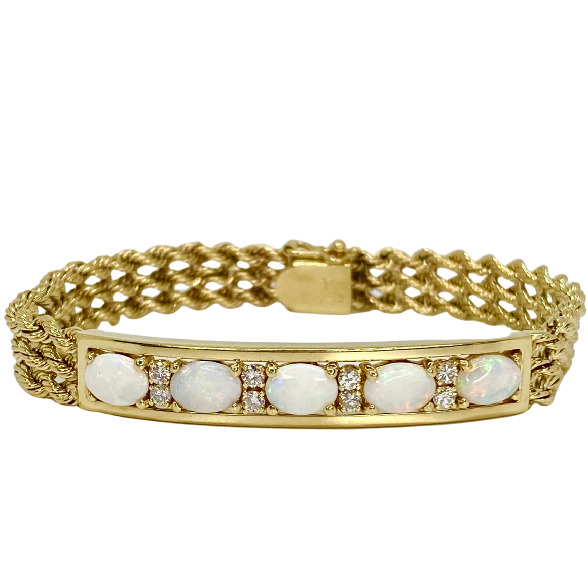 Vintage 14K Yellow Gold Opal & Diamond Rope Style Bracelet