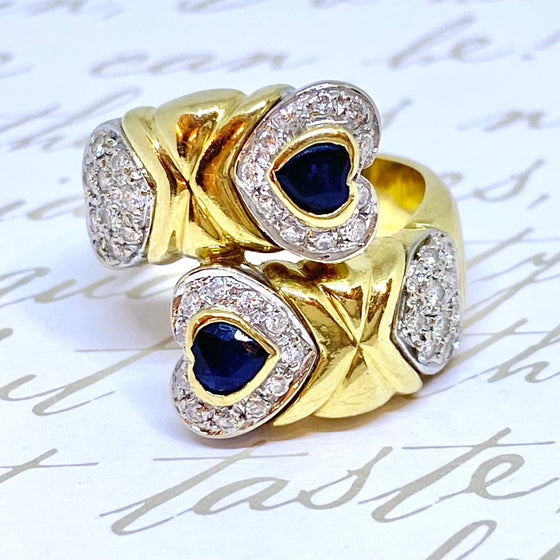 Vintage 18K Gold Sapphire and Diamond Hearts Ring