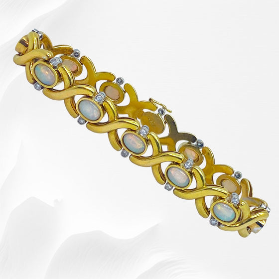 Vintage 18K Yellow Gold Opal and Diamond Bracelet