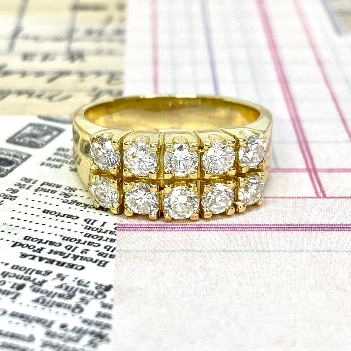 Vintage 14K Yellow Gold Double Row Diamond Band Ring