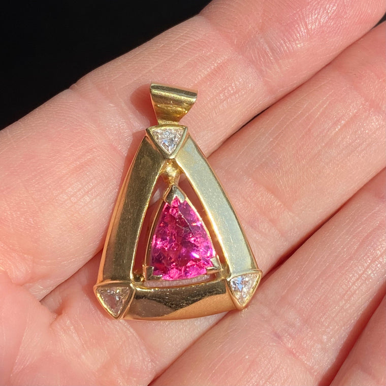 Vintage 18K Yellow Gold Pink Tourmaline and Diamond Pendant