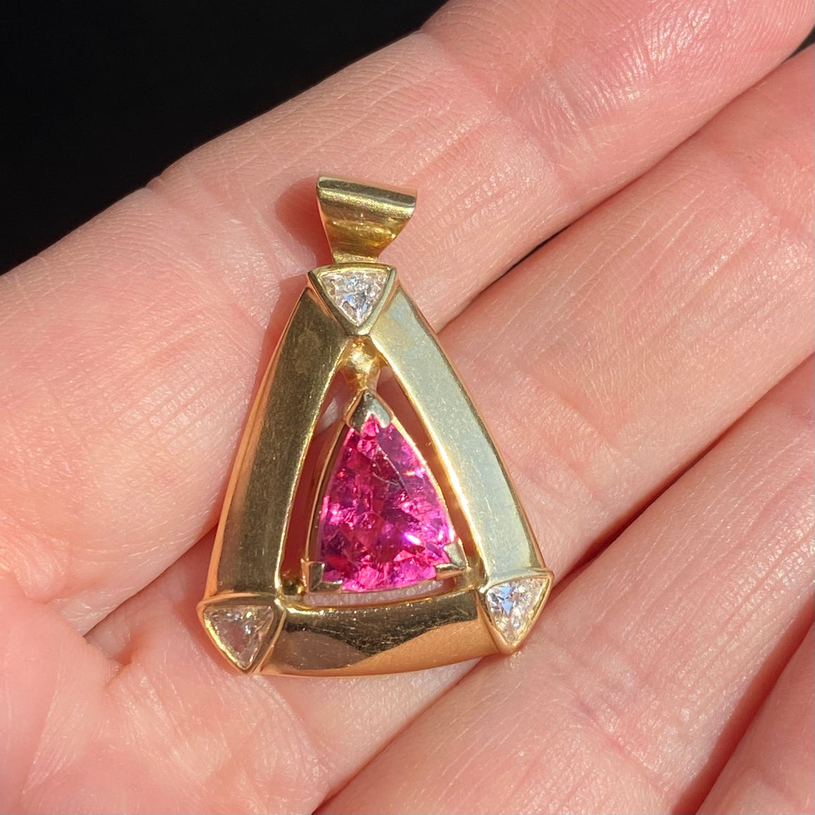Vintage 18K Yellow Gold Pink Tourmaline and Diamond Pendant