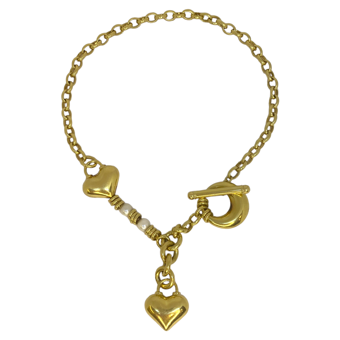 Large 18K Yellow Gold Puffy Hearts and Pearls Toggle Necklace