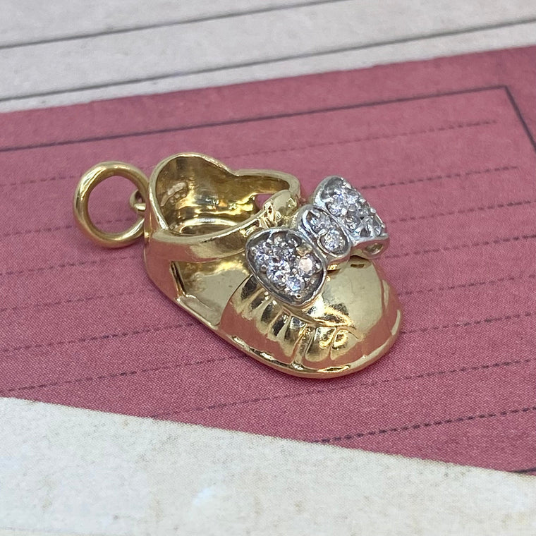 Vintage 14K Yellow Gold and Diamond Baby Shoe Charm Pendant