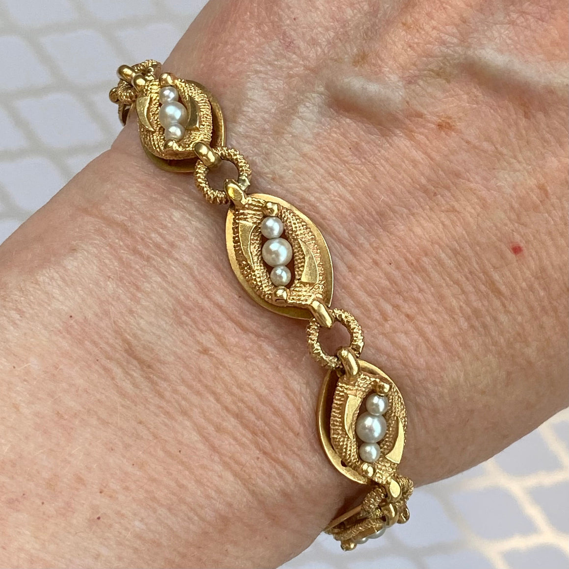 Vintage La Triomphe 14K Yellow Gold and Pearl Bracelet