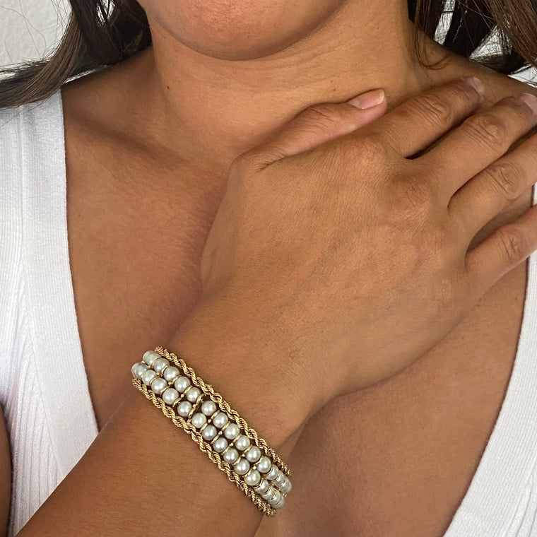 Vintage Double Strand Pearls and Rope Chain 14K Yellow Gold Bracelet