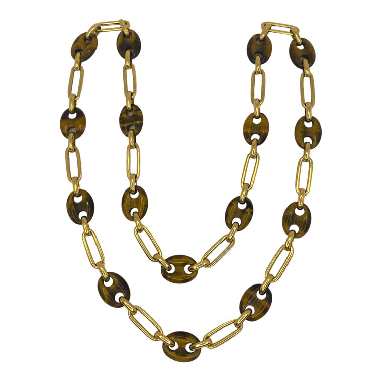 Vintage Tiger's Eye Quartz and 18K Yellow Gold Large Links Necklace
