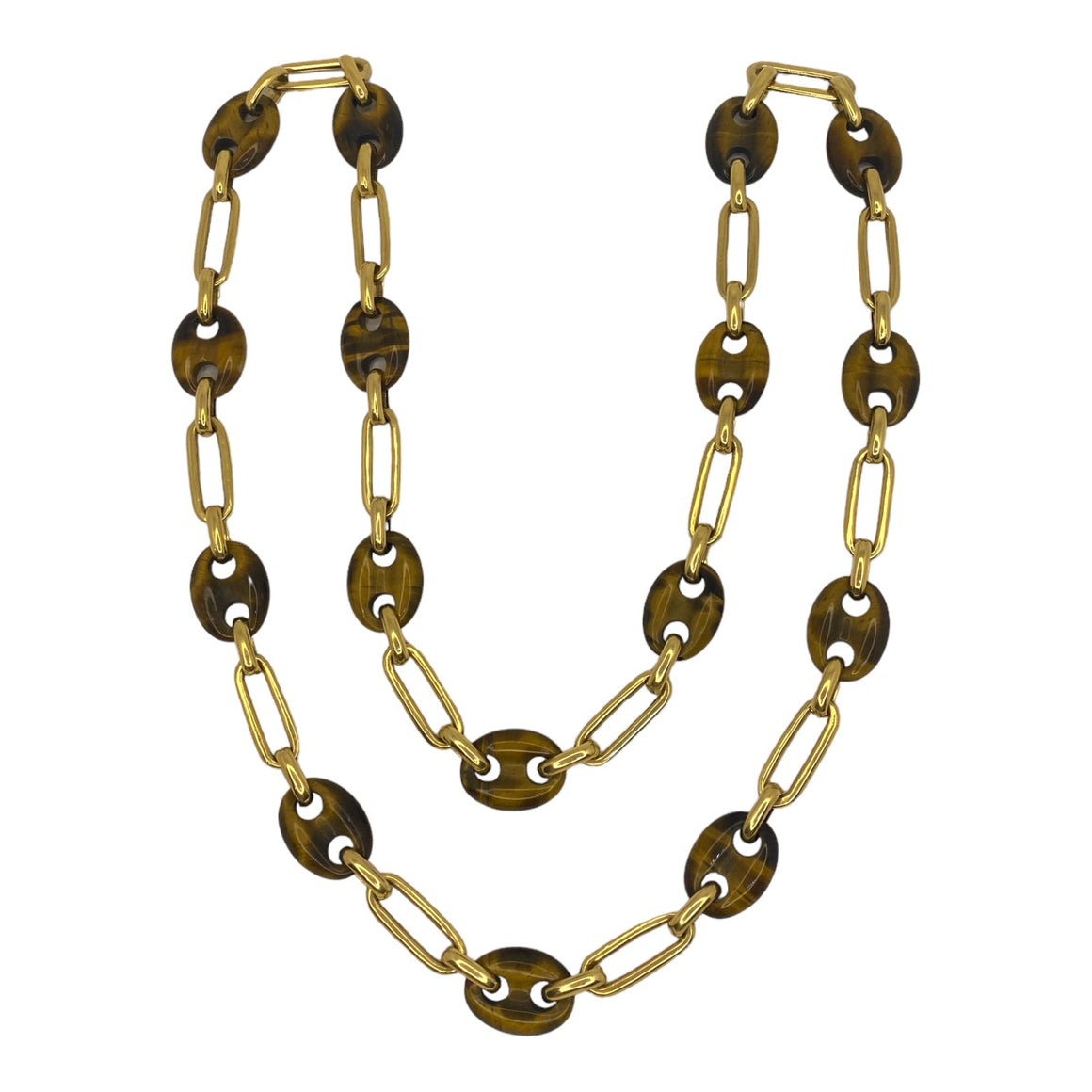 Vintage Tiger's Eye Quartz and 18K Yellow Gold Large Links Necklace
